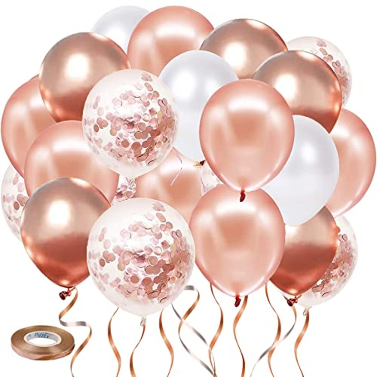 50 Pack Rose Gold Confetti Balloons - Rose Gold and White Balloons, Rose Gold Metallic Balloons for Birthday, Wedding, Engagement, Bachelor, and Bridal Shower Party Decorations